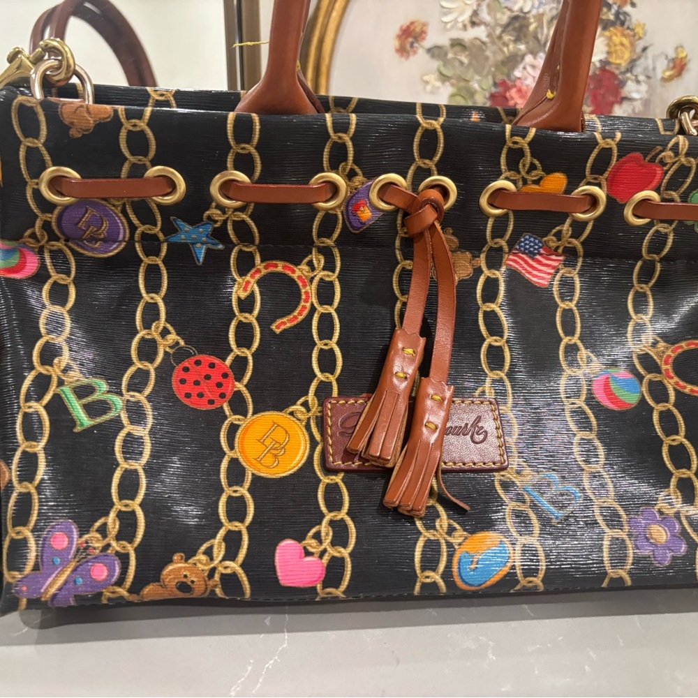 Black Chain-Print Tote Bag with Brown Trim 
Dooney&bourke